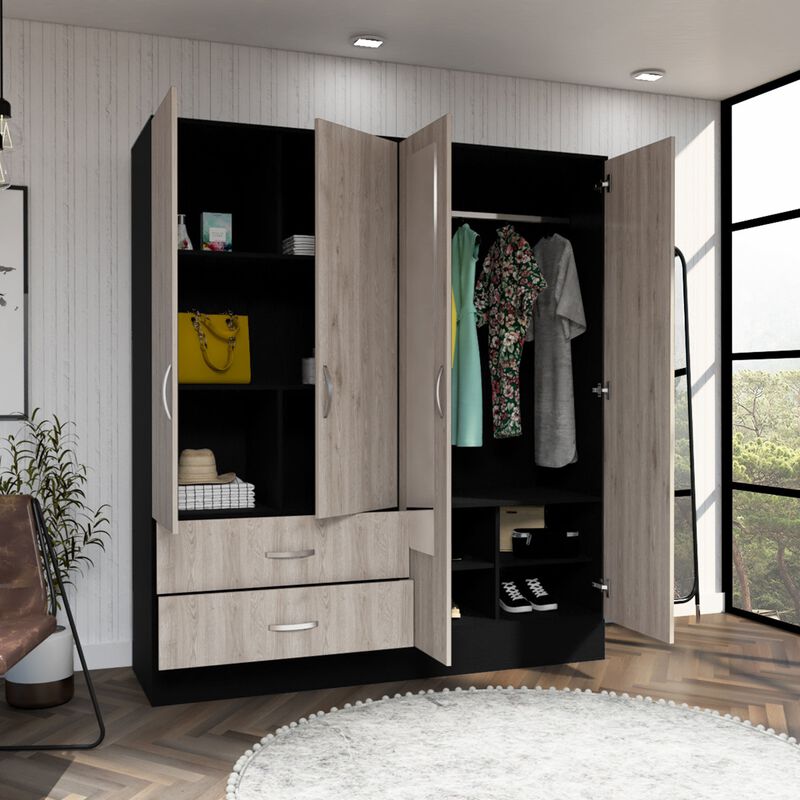 Bolton 160 Armoire, Six Shelves, Two Double Door Cabinets, Two Mirrors, Two Drawers, Rod -Black / Light Gray