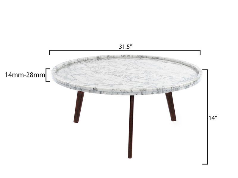 Cassara 31" Round Italian Carrara White Marble Coffee Table with Walnut Legs