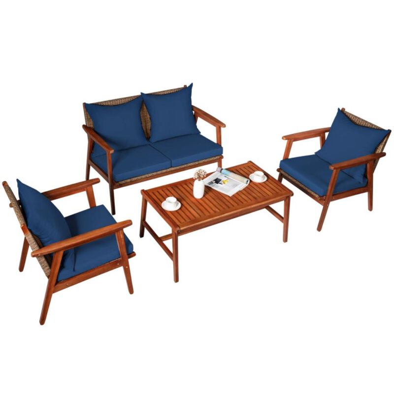 Hivvago 4 Pieces Acacia Wood Patio Rattan Furniture Set with Zippered Cushions