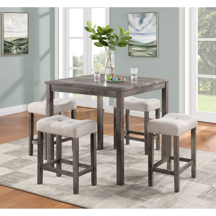 Lucian Brown Counter Height Pub Table Set with Tufted Creamy White Linen Stools