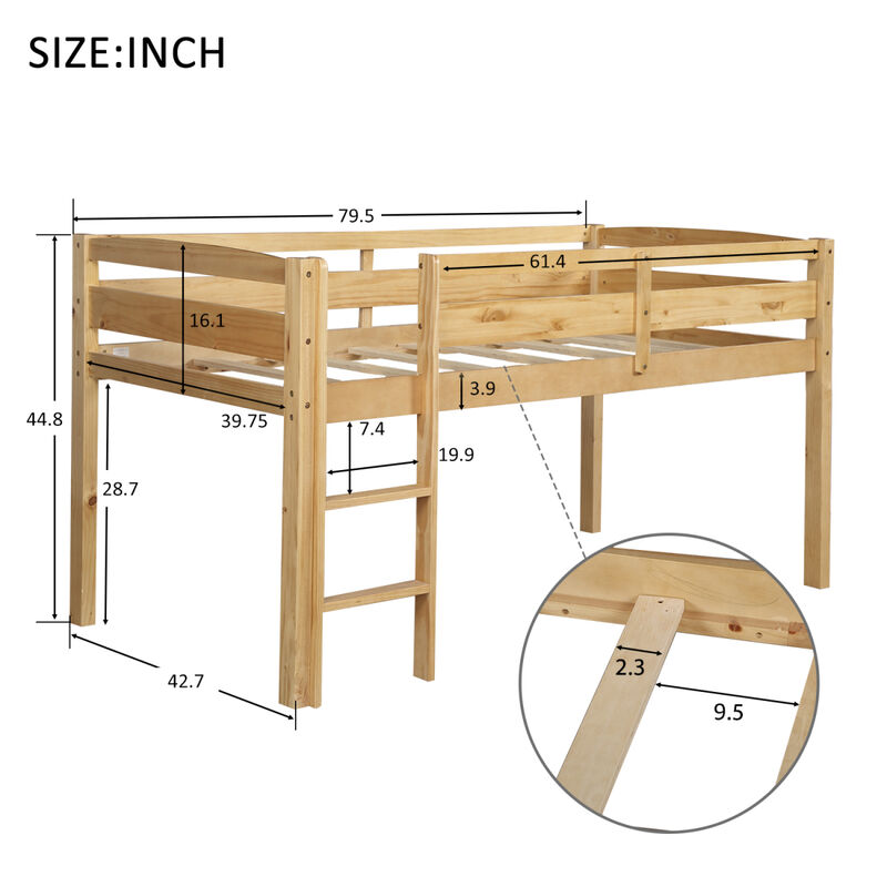 Twin Wood Loft Bed Low Loft Beds with Ladder, Twin