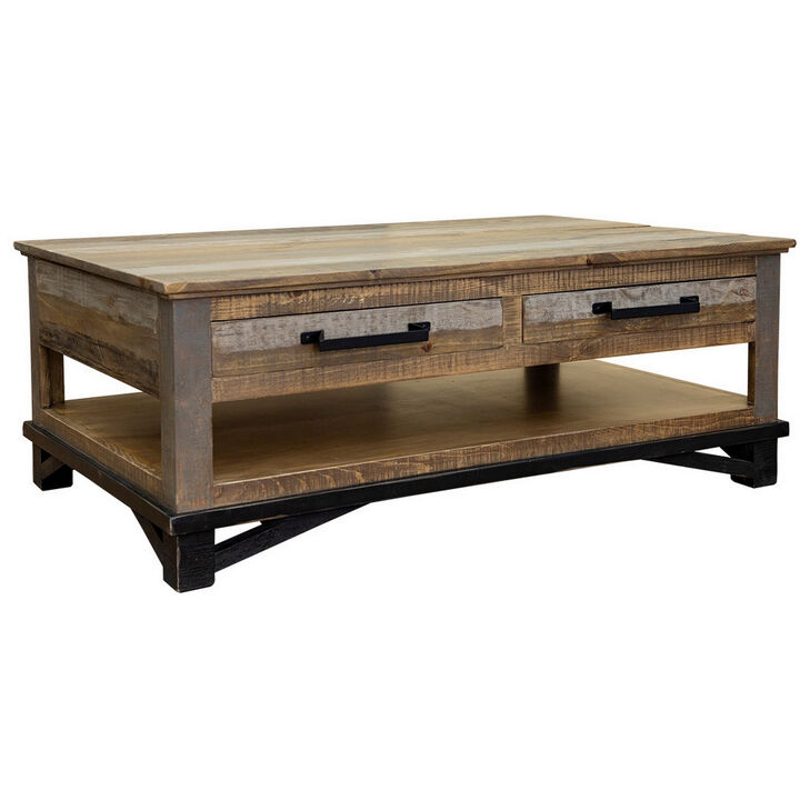 Peya 50 Inch 4 Drawer Coffee Table, Shelf, Distressed Gray, Brown Pine Wood-Benzara