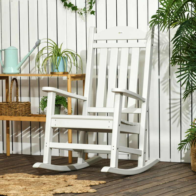 Outsunny Outdoor Rocking Chair, All Weather-Resistant HDPE Rocking Patio Chairs with Rustic High Back, Armrests, Oversized Seat and Slatted Backrest, 350lbs Weight Capacity, White
