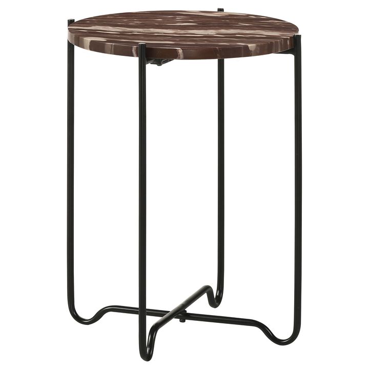 22 Inch Accent Table, Round Red Marble Top, Crossed Open Black Metal Base - Benzara