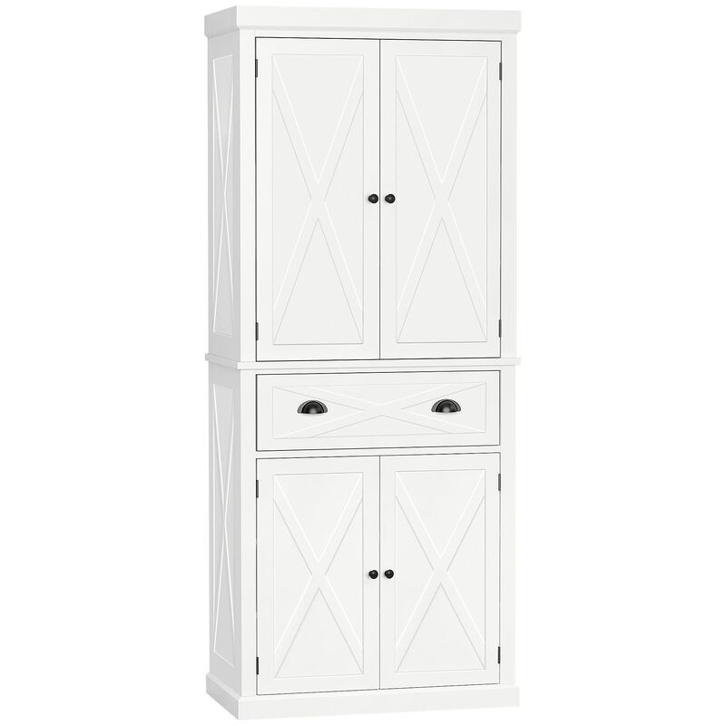 Freestanding Modern Farmhouse 4 Door Kitchen Pantry Cabinet, Storage Cabinet Organizer with 6-Tiers, 1 Drawer and 4 Adjustable Shelves, White