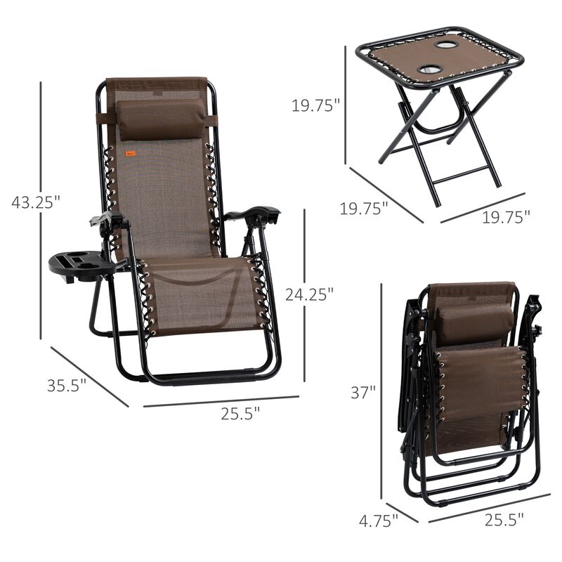 Brown Outdoor Relaxation: 3-Piece Zero Gravity Chair Set with Table