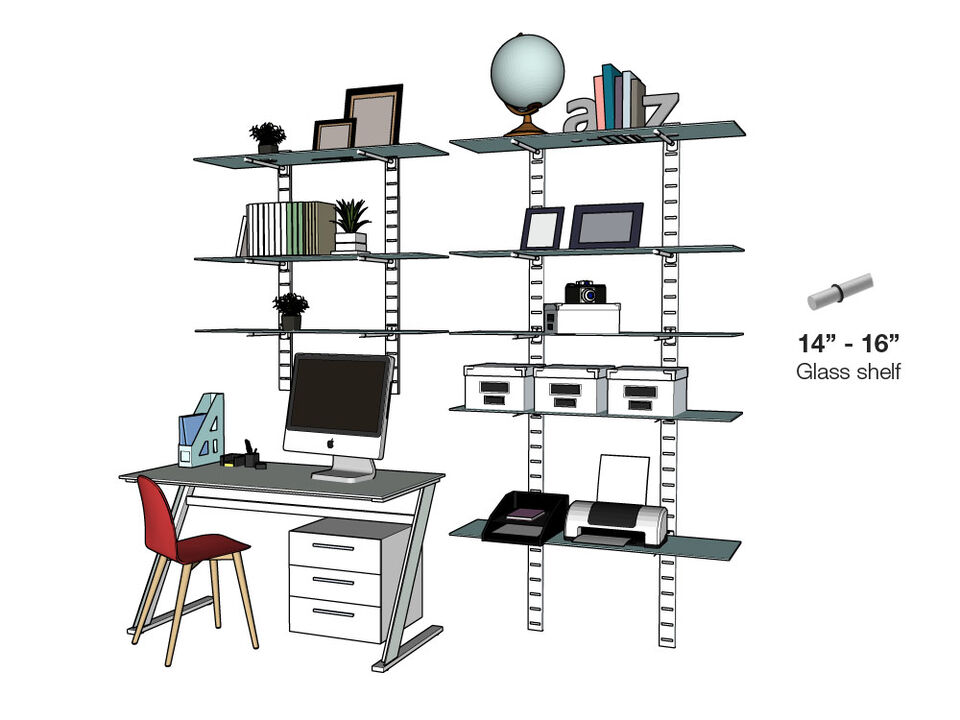 Stylish Home Office System 91" & 46" High 5 Tier with Glass Shelves 14"-16" Width | 2 Sections- Shelves Sold Separately