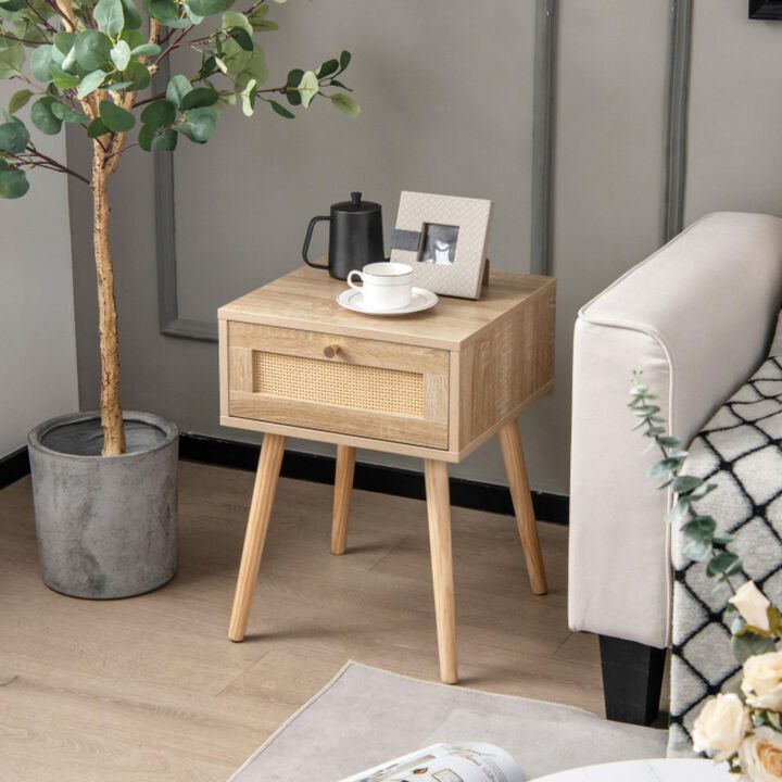 Hivvago Modern Rattan Nightstand with Drawer and Solid Wood Legs for Bedroom and Living Room-Natural