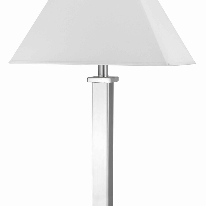 Trapezoid Shade Table Lamp with Metal Base and 2 USB Ports,White and Chrome-Benzara