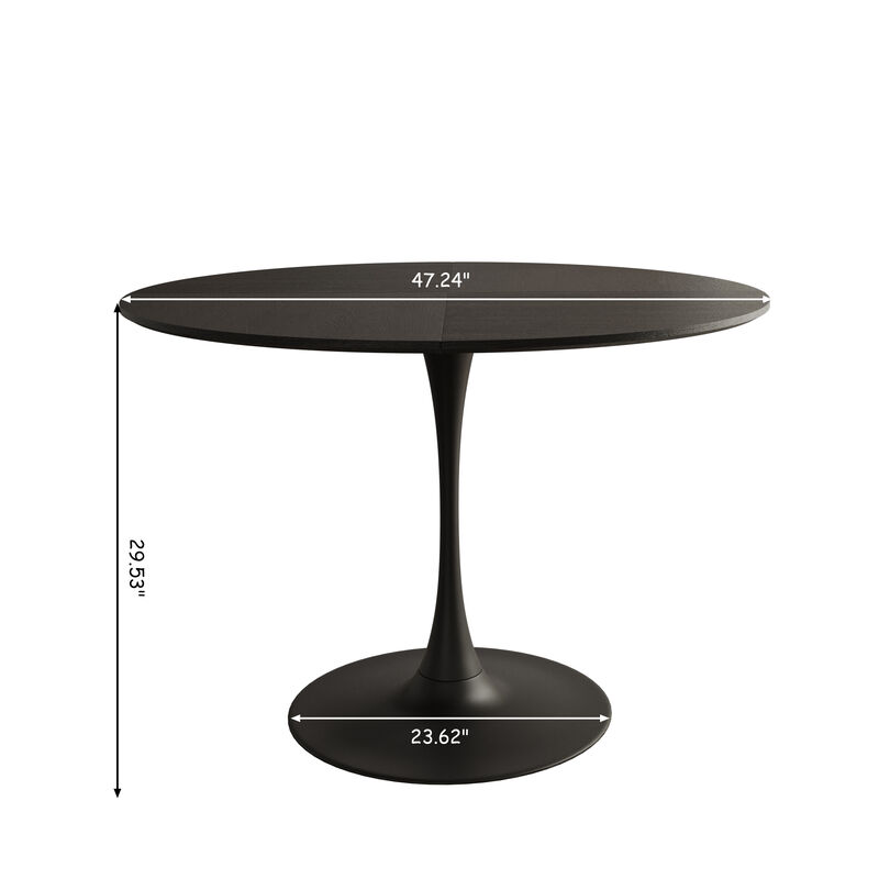 47.24"Modern Round Dining Table, Four Patchwork Tabletops with Black Color Solid Wood Grain Table Top, Metal Base Dining Table, End Table Leisure Coffee Table