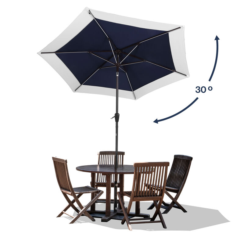 Spencer Classic Coastal 2-Tone Solar LED Market Patio Umbrella with 12 LED Strip Lights, Auto-Tilt, Crank and UV Protection