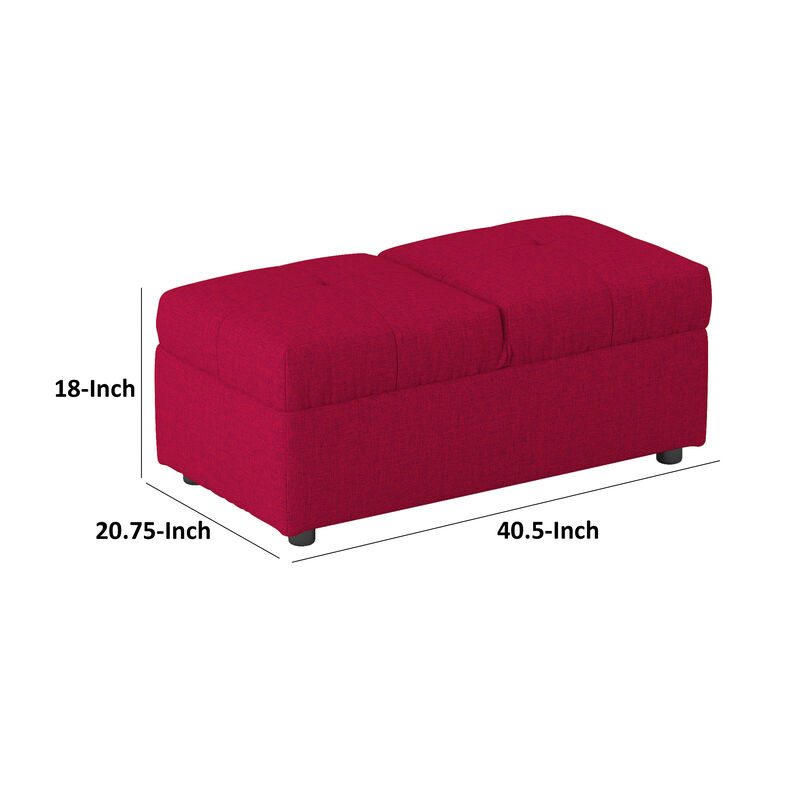 Caroline 41 Inch Storage Ottoman Chair, Tufted Seat, Adjustable Top, Red - Benzara