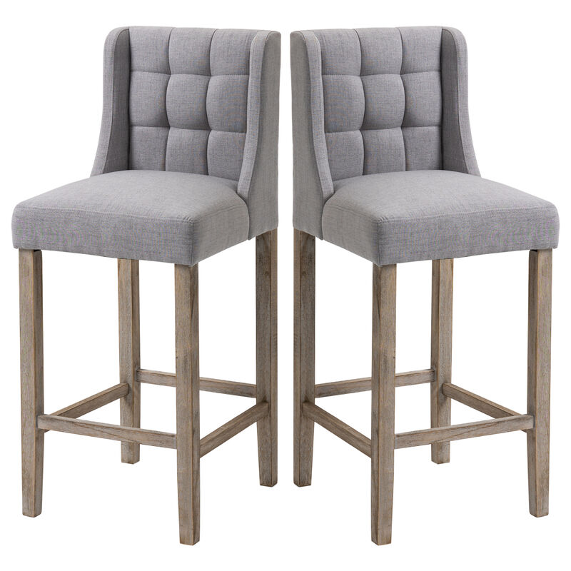 HOMCOM Modern Bar Stools, Tufted Upholstered Barstools, Pub Chairs with Back, Rubber Wood Legs for Kitchen, Dinning Room, Set of 2, Grey