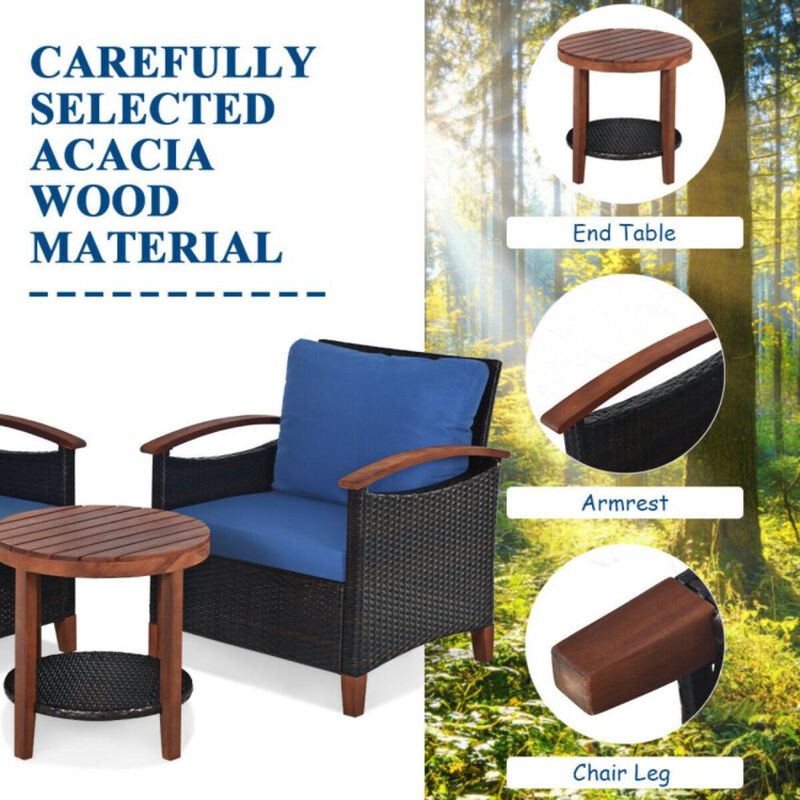 Hivvago 3 Pieces Patio Wicker Furniture Set with Washable Cushion and Acacia Wood Tabletop