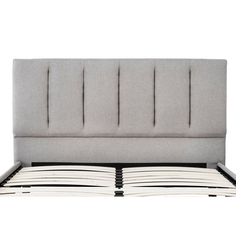 Heli Queen Bed, Gray Linen Upholstered Frame, Vertical Tufted Headboard-Benzara