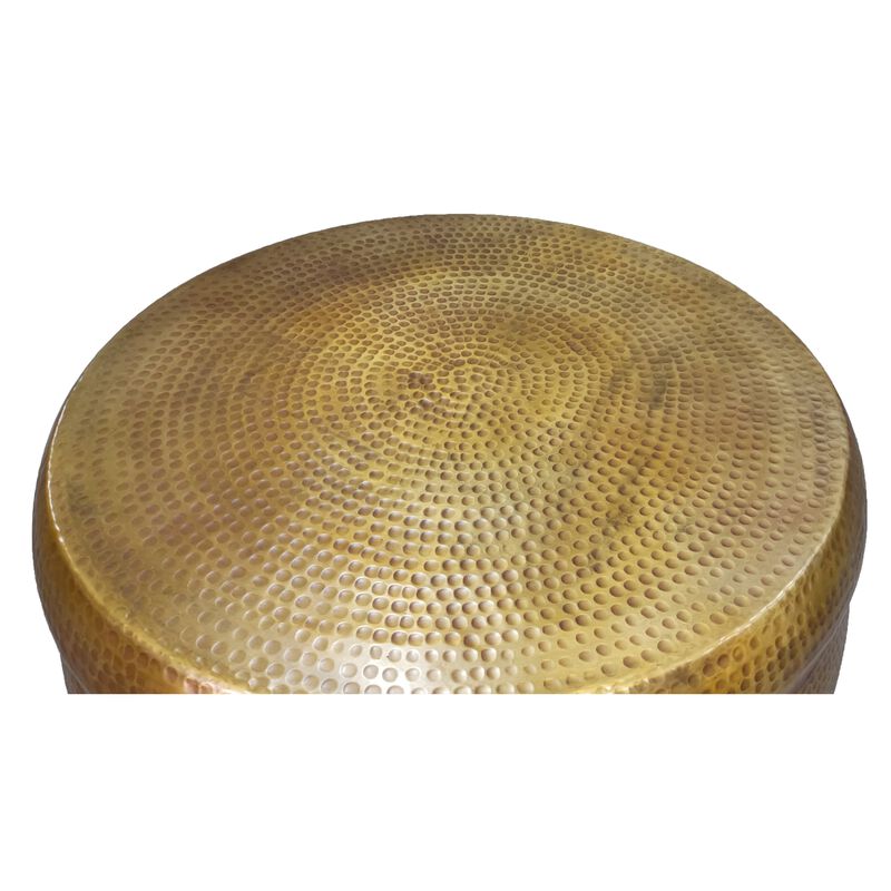 32 Inch Artisanal Round Drum Coffee Table, Hammered Embossed Texturing, Aluminum, Antique Brass-Benzara