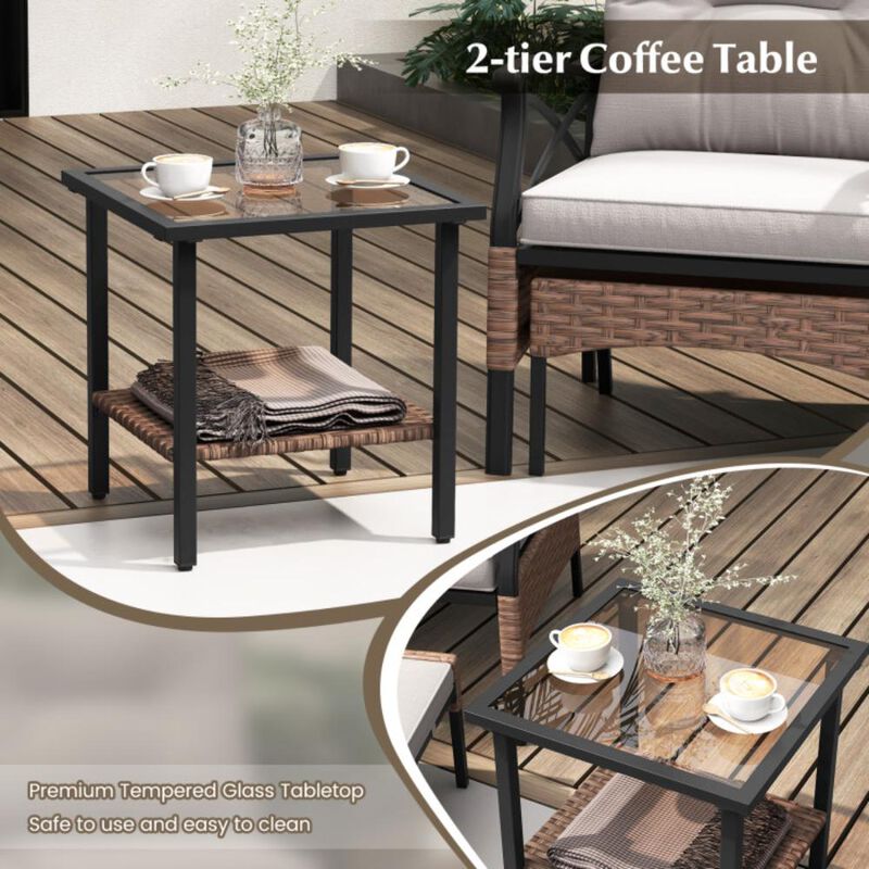 Hivvago 5 Pieces Wicker Patio Furniture Set Ottomans and Cushions and 2-Tier Tempered Glass Side Table