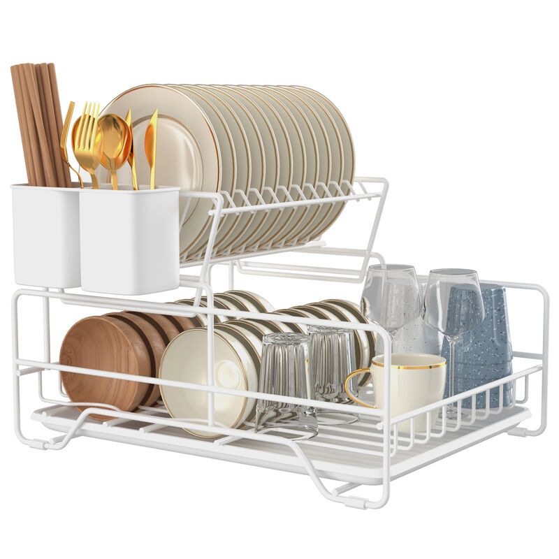 Dish Drying Rack, Metel 2-Tier Dish Rack Utensil Holder Kitchen White