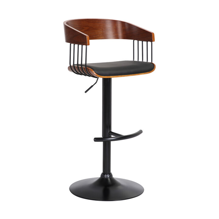 Larisa Adjustable Walnut Wood Stool in Black Faux Leather with Black Metal