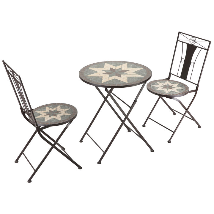 3pc Outdoor Patio Dining Set, 2 Folding Chairs, Table, 8-Pointed Star Mosaic