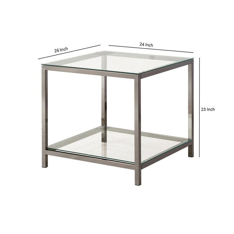 Glass Top End Table with Metal Frame and Open Shelf, Nickel-Benzara