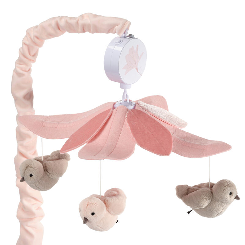 Lambs & Ivy Petals Pink/Gray Birds Musical Baby Crib Mobile Soother Toy