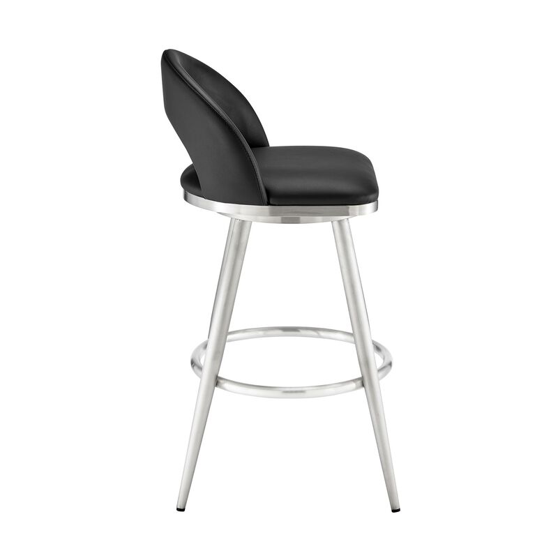 Visy 26 Inch Swivel Counter Stool Chair, Round Back, Black Faux Leather - Benzara