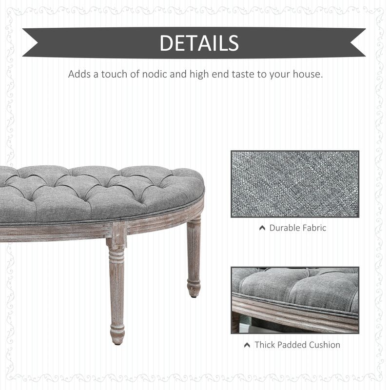 Vintage Semi-Circle Hallway Bench Tufted Upholstered Linen-Touch Fabric Accent Seat with Rubberwood Legs, Grey