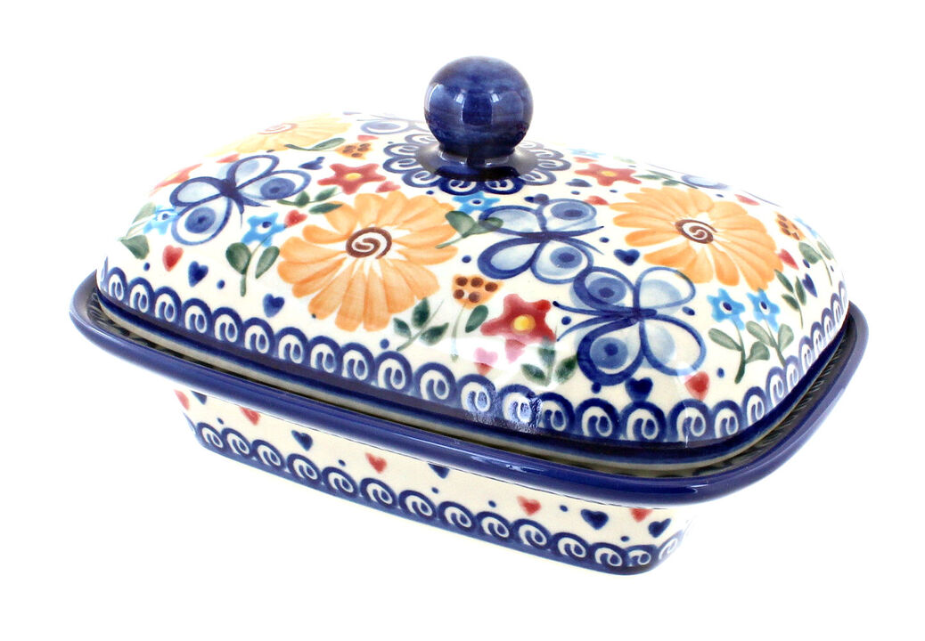 Blue Rose Polish Pottery Garden Butterfly Butter Tub