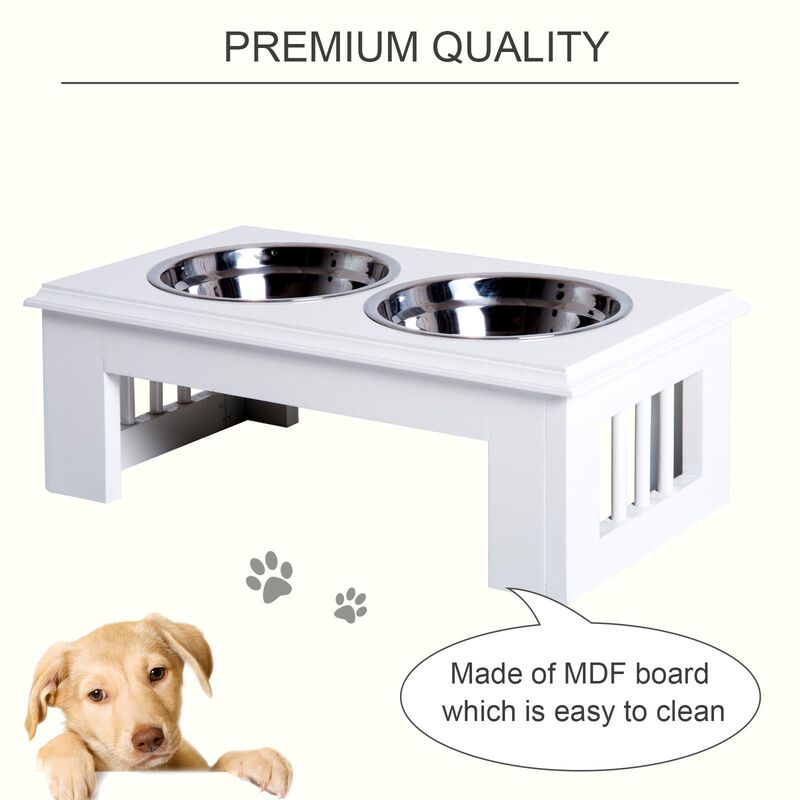 Elegant Pet Diner: White Wooden Dog Feeding Station with Steel Bowls