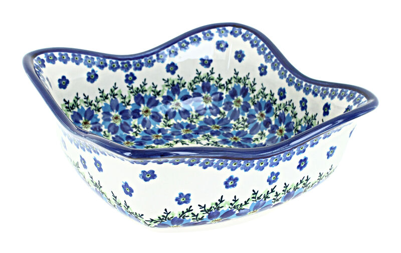 Blue Rose Polish Pottery Porcelain Vine Large Square Scallop Bowl