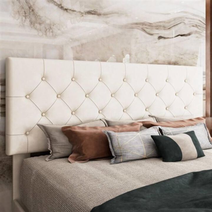 Hivvago Queen White Faux Leather Upholstered Platform Bed with Button Tufted Headboard
