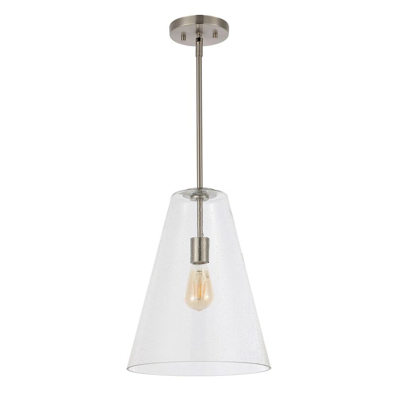 Arlo 11.5" 1-Light Mid-Century Modern Iron/Seeded Glass LED Pendant, Nickel/Clear