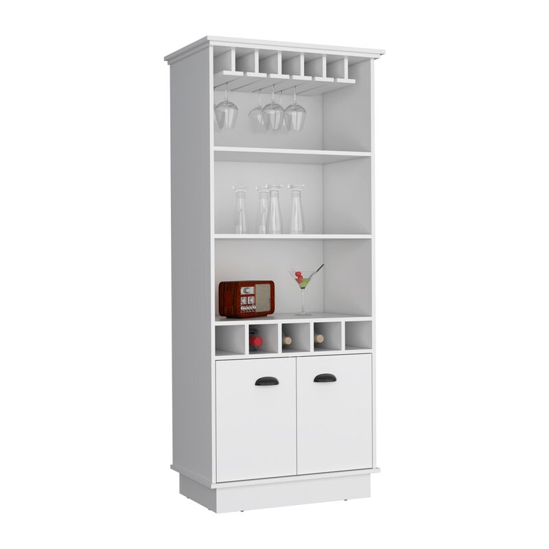 DEPOT E-SHOP Elon 70"H Bar Cabinet with Wine Rack, Upper Glass Cabinet, three Open Storage Shelves and One Cabinet,Black,Living Room