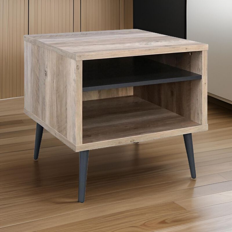 Carly 22 Inch Side End Table, Tapered Legs, 1 Shelf, Light Brown and Gray - Benzara