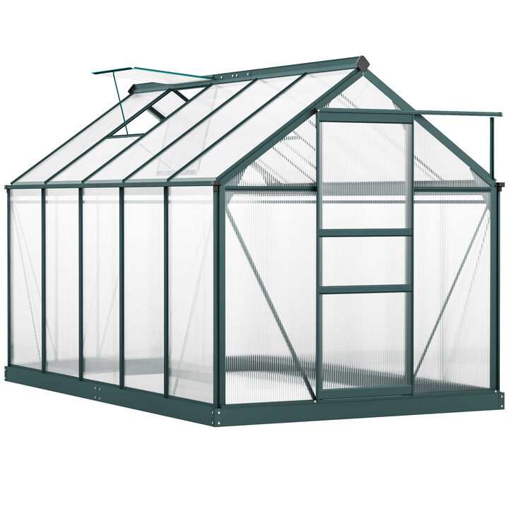 Outsunny 6' x 4' x 6.5' Polycarbonate Greenhouse, Heavy Duty Outdoor Aluminum Walk-in Green House Kit with Rain Gutter, Vent and Door for Backyard Garden, Dark Green