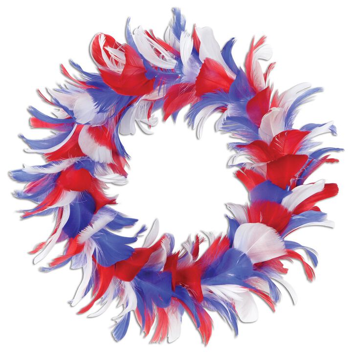 Pack of 6 Red White and Blue Patriotic Decorative Party Feather Wreath 12"