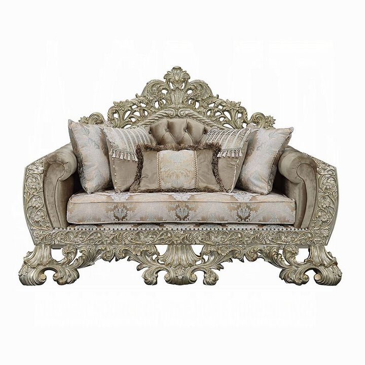 Esen Ornate Loveseat, 5 Accent Pillows, Gold , Tufted Brown Velvet - Benzara - Benzara