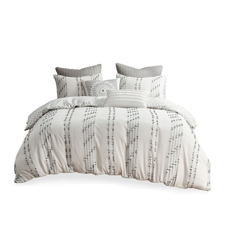 Gracie Mills Trujillo 3-Piece Embroidered Stripes Cotton Jacquard Duvet Cover Set