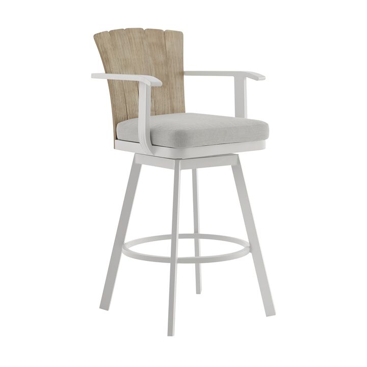 Luna 26 Inch Outdoor Swivel Counter Stool Chair, Rustic Teak Wood, White - Benzara