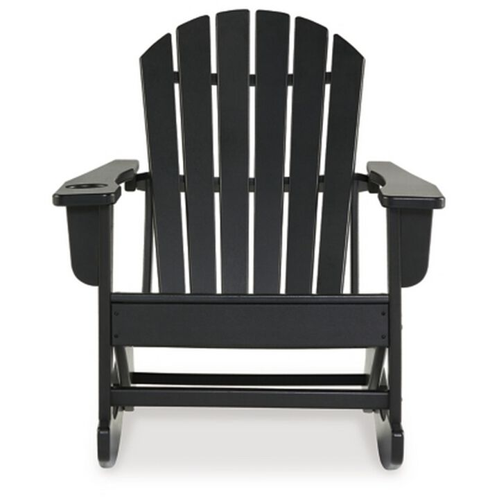 Sami 35 Inch Outdoor Rocking Chair, Slatted Design, Modern Black Finish - Benzara