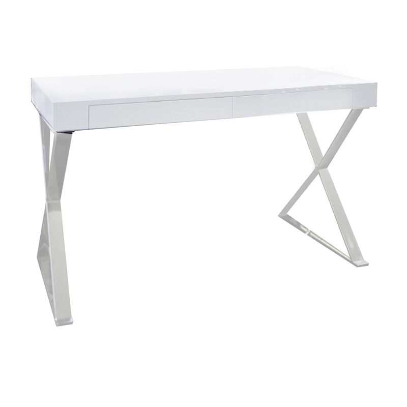 Rix 47 Inch Office Desk, White Wood Top, 2 Drawers, X Polished Steel Legs - Benzara