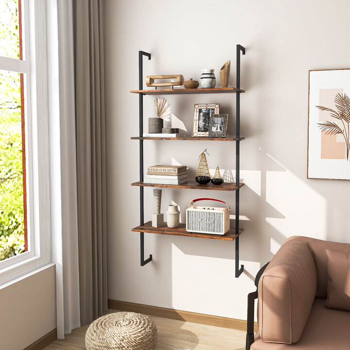 4-Tier Industrial Ladder Bookshelf with Metal Frame-Coffee