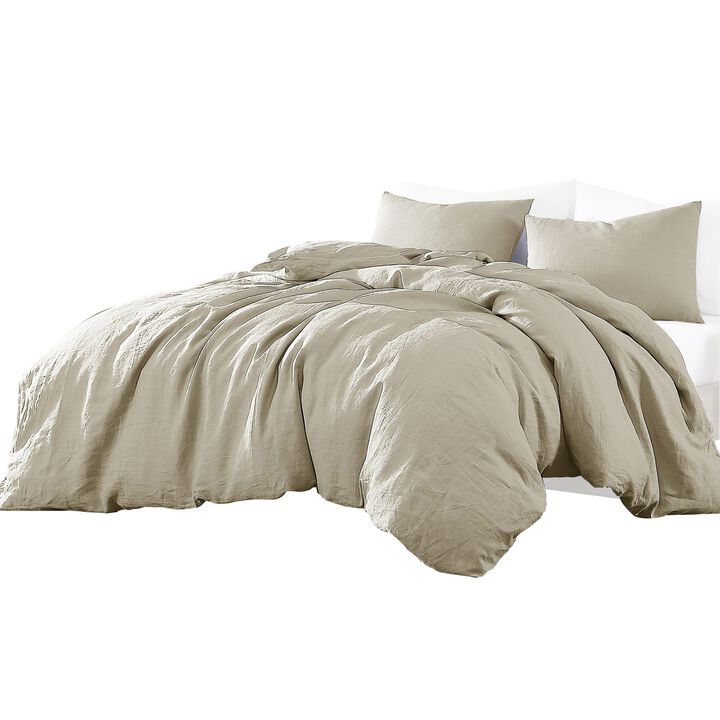 Edge 4 Piece King Size Duvet Comforter Set, Washed Linen, Oatmeal Beige - Benzara