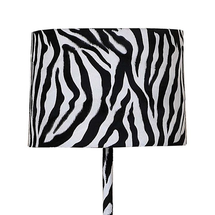 Fabric Wrapped Floor Lamp with Animal Print, White and Black-Benzara