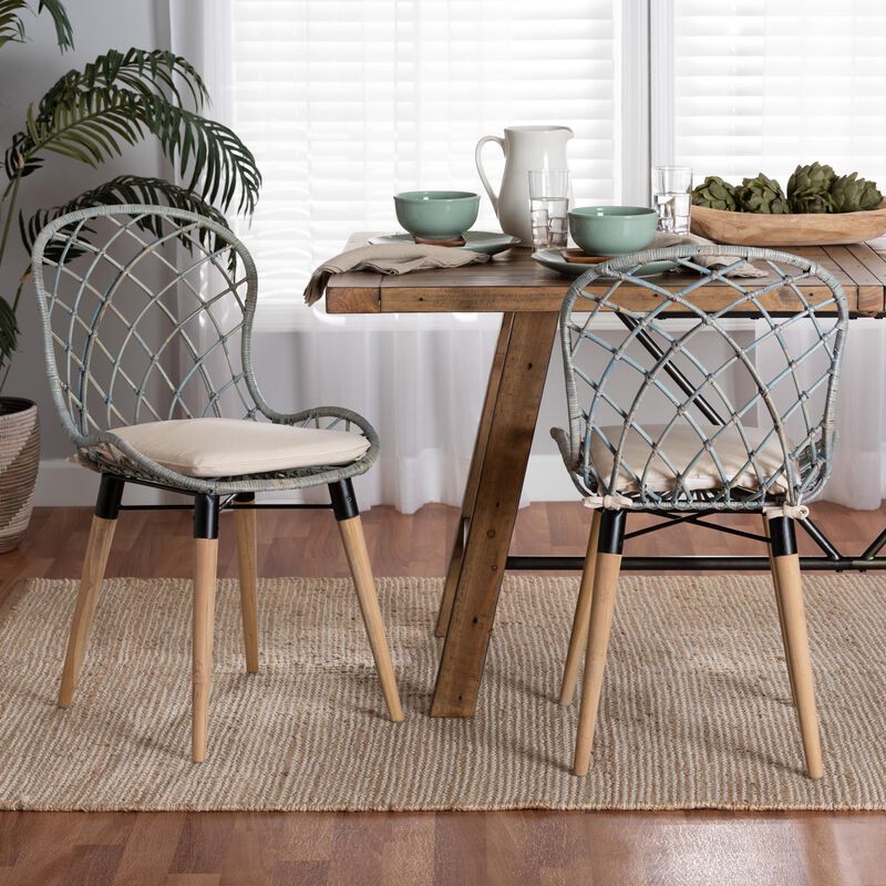 bali & pari Sabelle Modern Bohemian Natural Brown Finished Teak Wood and Light Blue Rattan 2-Piece Dining Chair Set