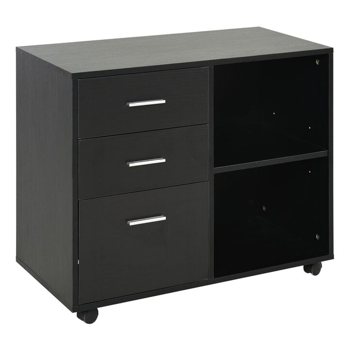 Black 3 Drawer Printer Stand, Mobile Lateral File Cabinet with 2 Storage Shelves for Home Office