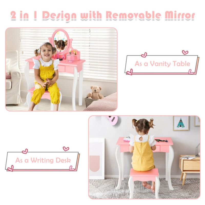 Kids Vanity Princess Makeup Dressing Table Stool Set with Mirror and Drawer