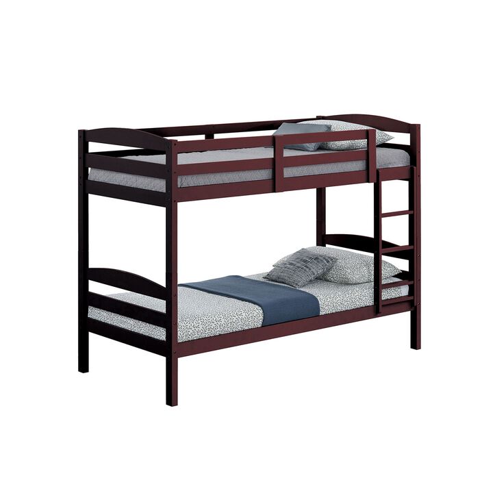 Sifa Twin Bunk Bed, Convenient Ladder, Arch Slat Design, Espresso Brown