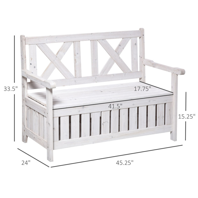 Outsunny Patio Wooden Bench with Storage Box, 29 Gallon Outdoor Storage Bench, Large Entryway Deck Box w/ Unique X-Shape Back, for Deck, Porch & Balcony, White